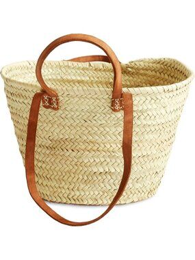 Stylish French Market Basket with Leather Handles - Perfect Beach & Shopping Bag